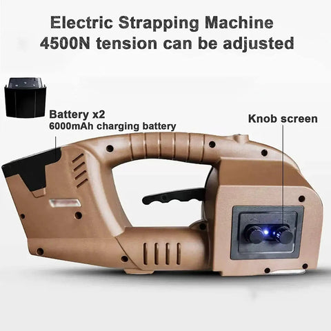 Electric Strapping Machine With Rechargeable Dual Batteries Automatic Fusion Welding And Cutting Tool For Sealing Cardboard Boxes And Pallets No Sweat Packaging Game Changer For Busy Warehouses side view showing adjustable tension knob and battery compartment.