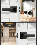 Square Black Interior Door Handle Set No Lock Passage Lever for Left or Right Handed Doors in laundry and closet settings