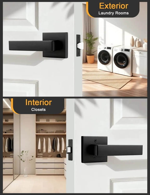 Square Black Interior Door Handle Set No Lock Passage Lever for Left or Right Handed Doors in laundry and closet settings