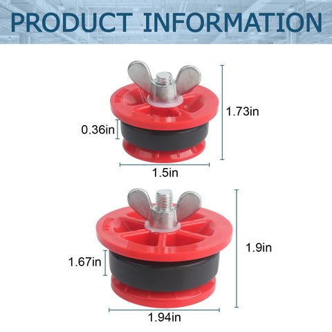 Mechanical end-of-pipe gripper plug, red, 2-pack with wing-nut bolt and black gasket; fits 2 in and 1-1/2 in pipes.
