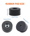 Four Pack Air Compressor Isolator Pads Replacement Rubber Feet Non Slip Durable Cushions with size dimensions in inches and mm.