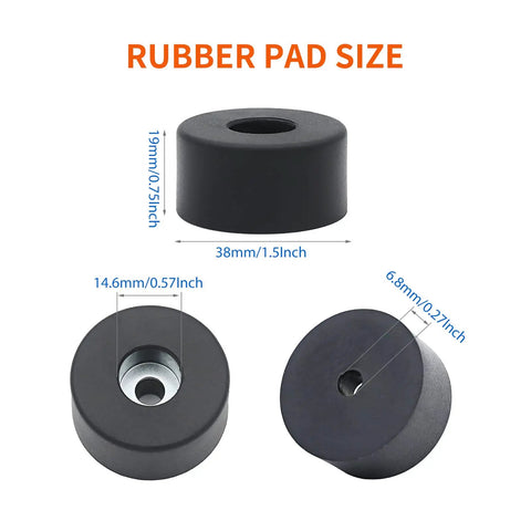 Four Pack Air Compressor Isolator Pads Replacement Rubber Feet Non Slip Durable Cushions with size dimensions in inches and mm.