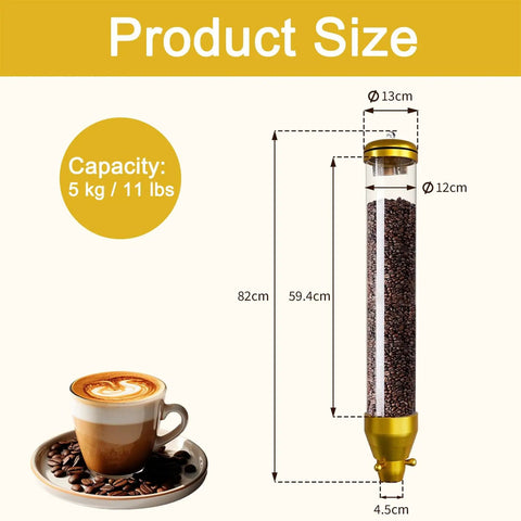 Keep It Fresh Wall Mount Coffee Bean Dispenser With Clear Acrylic Face And Aluminum Twist Lock Commercial Grade Dry Food Canister dimensions and coffee cup