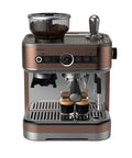 Semi Automatic Espresso Machine With Drip Free Barista Creations 58 Millimeter Portafilter dual bean holder and one touch Americano button, showcasing rich espresso shots.