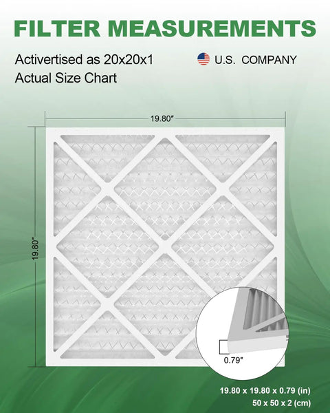 20x20x1 MERV 8 Pleated HVAC Filter For Furnace And AC Units with dimensions and close-up of pleats