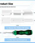 4 Pack White Reinforced Nylon Shower Door Bottom Seal Guides For Glass Sliding Doors And Enclosures Durable Corrosion Resistant Sill Rails Easy Install Replacement Kit Including A Dual Purpose Screwdriver Ideal For DIY Shower Door Maintenance.