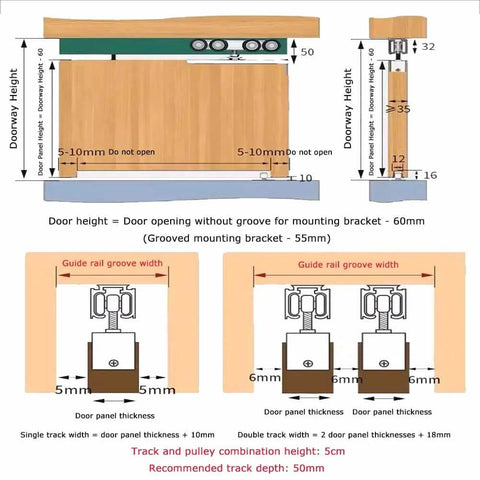 Diagram illustrating Concealed Track Barn Door Kit With Silent Aluminum Rail And Stainless Steel Rollers For Indoor Or Exterior Use.