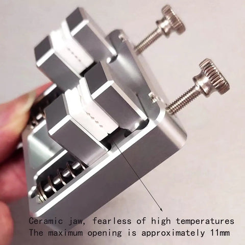 Close-up of Beefy Heavy Duty Soldering Clamp Station With Adjustable Aluminum Workbench Fixture And Heat Resistant Ceramic Jaw