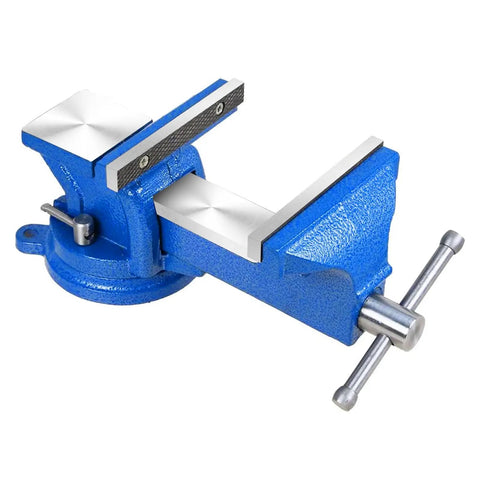 Heavy Duty 5 Inch Vise With 360 Degree Swivel Base And Anvil Clamp, Built Like A Tank, Cast Steel Construction, Table Clamp Woodworking Vice For Drilling, Pipe Cutting, And Woodworking Jobs, Blue, shown with swivel base and jaws open