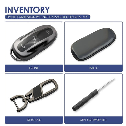Tesla Key Fob Cover With Keychain Grippy TPU Case For Model 3 Model Y Model S, showing front, back view, keychain, and screwdriver.