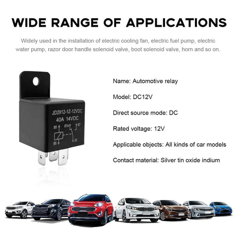 Road Hardened 2 Pack 5 Pin Car Relay 40 Amp 12 Volt Universal Auto Switch on display with various cars in the background.