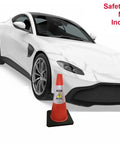 Reflective Safety Cone Collars Built For Electric Vehicle Techs To Highlight Nasty High Voltage Zones Around The Shop And Gonna Save Your Bacon During Any Quick Diagnostic Session 3 Pack next to a white sports car.