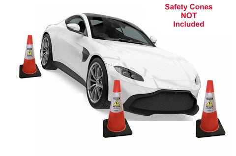 Reflective Safety Cone Collars Built For Electric Vehicle Techs To Highlight Nasty High Voltage Zones Around The Shop And Gonna Save Your Bacon During Any Quick Diagnostic Session 3 Pack next to a white sports car.