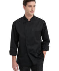 Kick Your Cooking Up With This Slick Long Sleeve Chef Coat Featuring Breezy Breathable Fabric Double Breasted Buttons And A Handy Sleeve Pocket Snag This Solid Black Restaurant Uniform For Intense Kitchen Heat Shift Ready Wear shown on model.