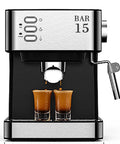 Front view of Compact Black Espresso Machine For Home Use With Semi Automatic Operation Steam Wand Milk Frother All In One Coffee Maker