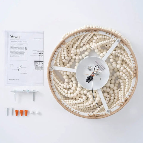 Boho Bohemia Wood Beaded Flush Mount Ceiling Light Three Light Fixture With White Finish assembly kit view