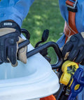 Heavy Duty Aerial Basket Hook Replacement 5144H for Bucket Trucks in use, visible on mounting edge with worker's gloves