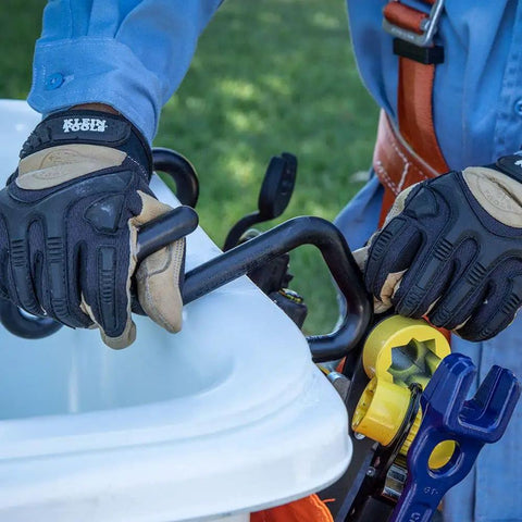 Heavy Duty Aerial Basket Hook Replacement 5144H for Bucket Trucks in use, visible on mounting edge with worker's gloves