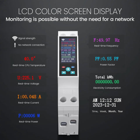 Smart WiFi Switch 1P+N AC90-240V 1-50A With Power Monitoring, Remote Control With Smart Life Tuya App, LCD Display, DIN Rail Mounted, Recloser Function, Power Data Export, FCC Certified. DIN rail switch with LCD showing voltage, current, power and kWh