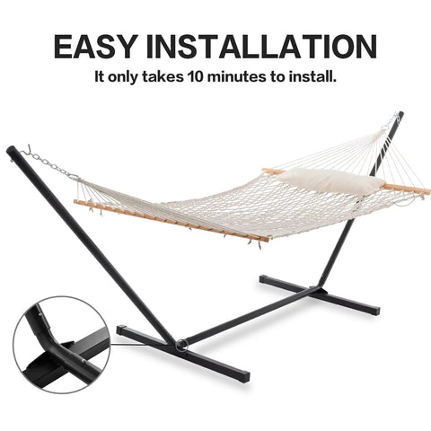 Double Rope Hammock With Stand Included, 12ft Heavy Duty Stand, 2 Person Traditional Cotton Rope Hammocks with Pillow.