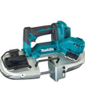 Compact 18V Cordless Brushless Portable Band Saw Featuring No Fuss Blade Setup Variable Speed Throttle And Rugged Aluminum Guide Rail.