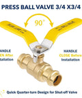 Three Quarter Inch Press Ball Valve With EPDM O-Rings One Quarter Turn Full Port Shut Off For Copper Tubing Connections LF Brass
