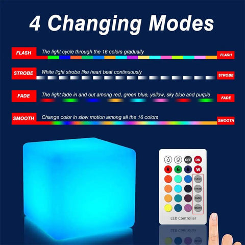16-Inch Cordless LED Cube Light With Removable Panels displaying 4 changing modes and remote control for RGB 16 color settings