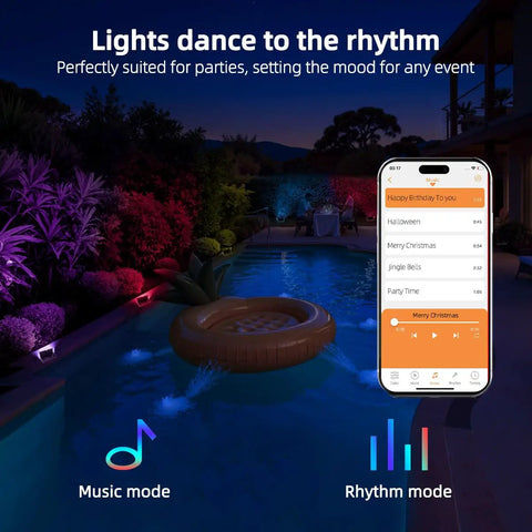 30W Outdoor RGBW Flood Light With Bluetooth App Control, Color Changing LEDs by pool, phone app with music mode displayed