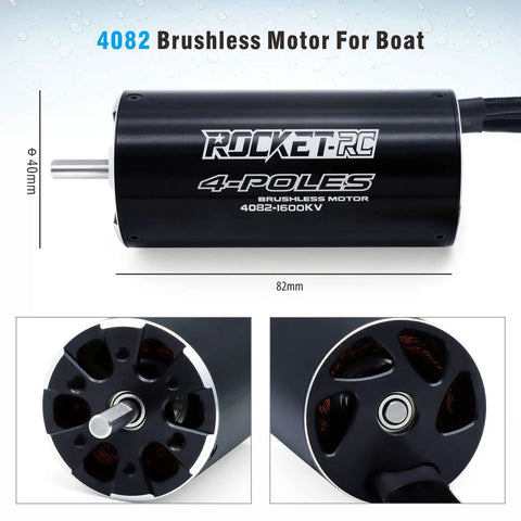 Powerhouse 1600KV Waterproof Brushless RC Boat Motor With Cooling System, close-up and side view with dimensions