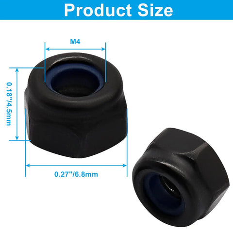 Hella Solid M4 x 0.7mm Nylon Insert Hex Lock Nuts 100 Pc Pack, showing size dimensions, black nylon material, ideal for threaded hardware.