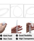 Clear PVC Tubing With Three Quarter Inch ID And One Inch OD Ten Feet Long Thirty PSI Flexible Lightweight Oil Resistant Hybrid Multipurpose Industrial PVC Hose For Fluid Transfer being flexed and examined in hand.