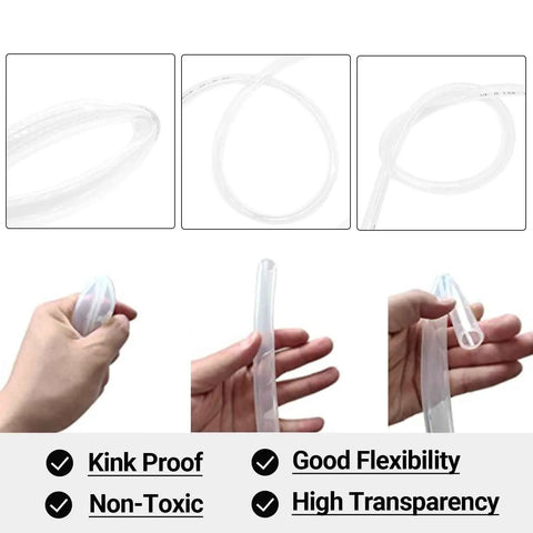 Clear PVC Tubing With Three Quarter Inch ID And One Inch OD Ten Feet Long Thirty PSI Flexible Lightweight Oil Resistant Hybrid Multipurpose Industrial PVC Hose For Fluid Transfer being flexed and examined in hand.