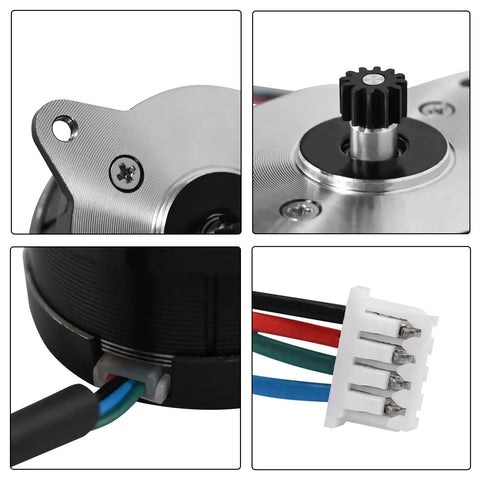 Close-up of Premium Circular Stepper Motor for 3D Printers with 12 Tooth Gear showing wires and connector, plug-and-play design.