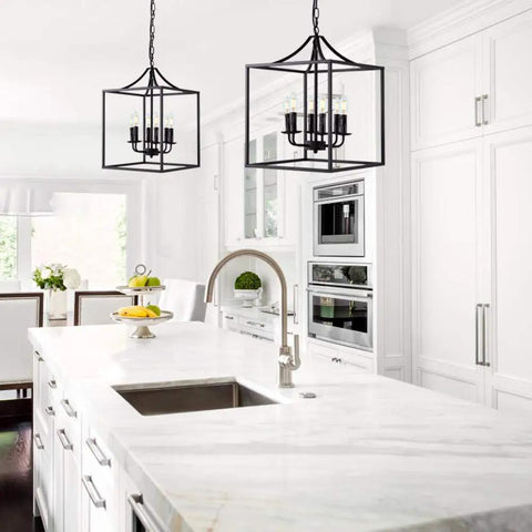 Six Light Black Modern Farmhouse Square Pendant Chandelier For Foyer Hallway Stairway Kitchen Island Dining Living Room 15.75 Inch Wide 22.4 Inch High With 35.4 Inch Chain Length in kitchen
