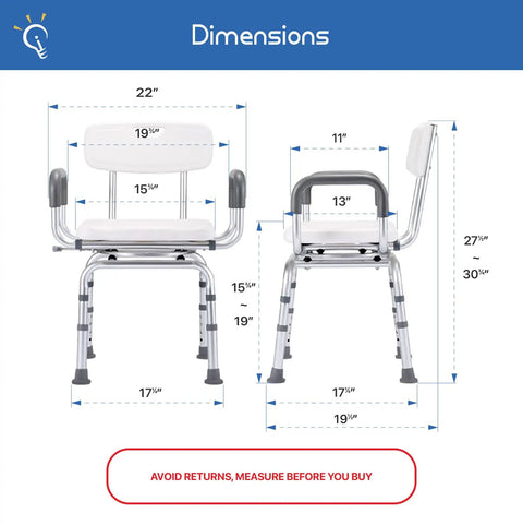 Heavy Duty 360 Degree Swivel Shower Chair With Back Rest For Safe Tub Transfers Pivoting Bath Bench dimensions shown