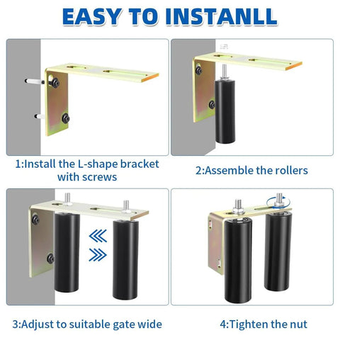 Instruction diagram for Six Inch Sliding Gate Roller With Adjustable L Bracket Heavy Duty Universal Gate Guide Kit installation