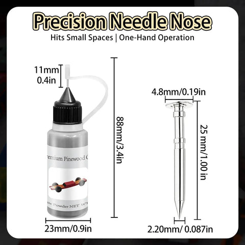 Pinewood Derby Axles And Graphite Lubricant Kit With Four Polished Grooved Axles And Point Five Ounce Graphite Powder For Friction Reduction Wheel Wobble Elimination And Speed Boosting Derby Performance bottle with nozzle dimensions.