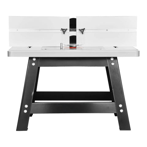 Benchtop Router Table With 24 by 15.7 Inch MDF Top And Adjustable Fence, sturdy metal base showcasing a flat work surface.