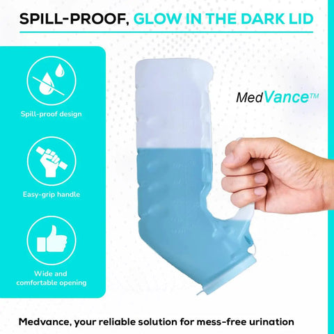 Person holding Glow In The Dark 1000ml Male Urinal Bottle With Spill Proof Pop Cap Lid, showing easy-grip handle and design.