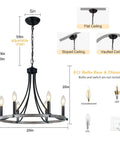 Diagram of Farmhouse Wagon Wheel Chandelier With 6 Rustic Edison Style Lights, ceiling mounts, and dimensions.