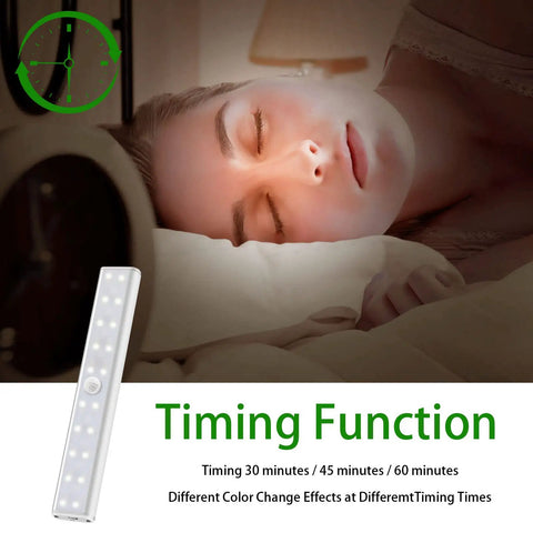 Person sleeping beside Wireless RGB Under Cabinet Lighting Kit With 48 LEDs Per Bar showing timing function and remote control