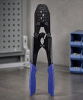 Heavy Duty Terminal Crimping Tool Pliers Ergonomic Hand Press For Electrical Repair with blue gripp handles and adjustable dial.