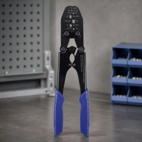 Heavy Duty Terminal Crimping Tool Pliers Ergonomic Hand Press For Electrical Repair with blue gripp handles and adjustable dial.