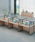 No Nonsense Slick Modular Office Cubicle Workstation Desk Featuring Heavy Duty Tempered Glass Screens And Rapid Usb Power Port Coupled With Rolling Storage Cabinet Built For Dedicated Team Hustles in a spacious office layout.