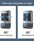 Top Shelf Portable Swamp Cooler With Honeycomb Evaporative Cooling Pads and Ice Water Tank shows automatic and manual swing blades.