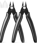 Front view of three black 5-inch flush-cut wire cutters with long handles and sharp jaws; includes two blade guards.