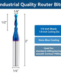CNC router bit, carbide ball nose with nano blue coating; 1/4 inch shank, 1/8 inch cutting dia