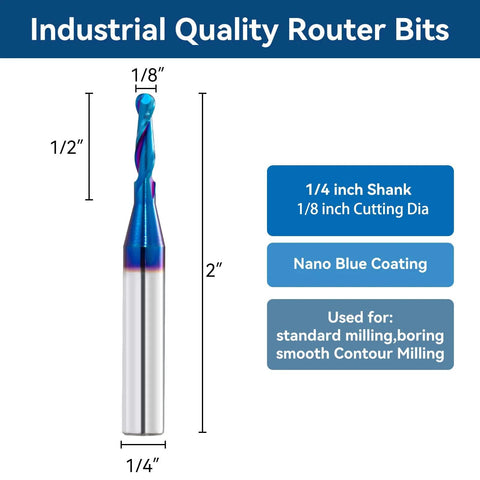 CNC router bit, carbide ball nose with nano blue coating; 1/4 inch shank, 1/8 inch cutting dia