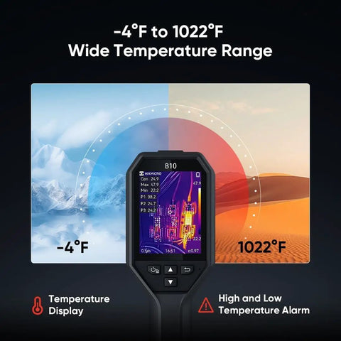 B10 Pro Grade Thermal Imaging Camera With 320 By 240 Super IR Resolution, showcasing -4F to 1022F wide temperature range display.
