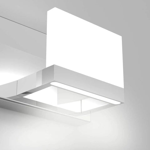 Close-up of a Three Light LED Vanity Light For Bathroom Chrome Finish Up And Down Mount Over Mirror Modern Wall Fixture With Frosted Acrylic Shade